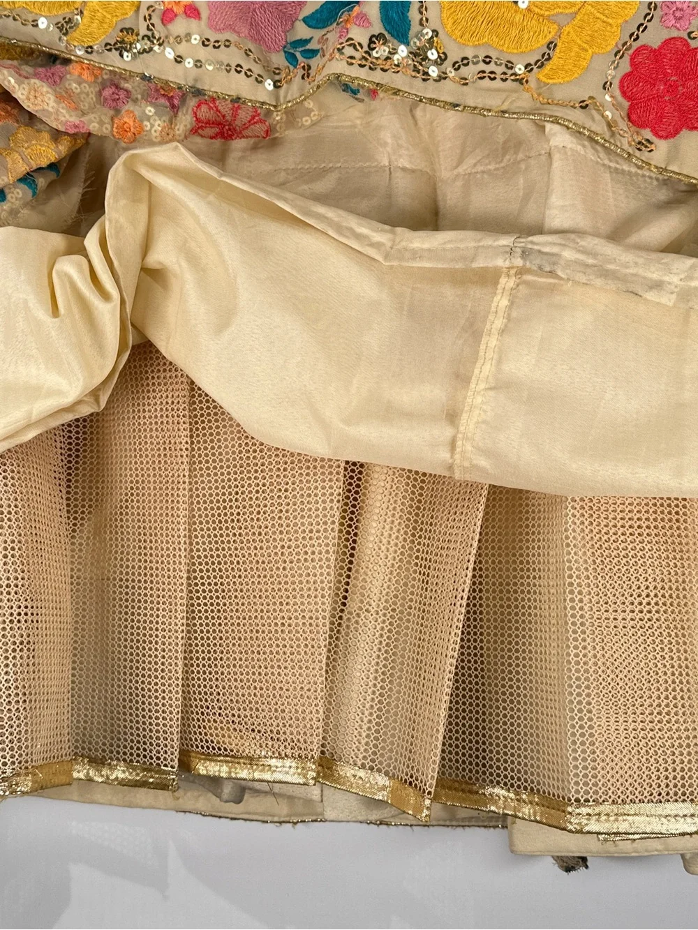 Lehenga Maxi Skirt Floral Embroidered Sequin Beige Multi Adjustable Tie Up Waist - Picture 5 of 13